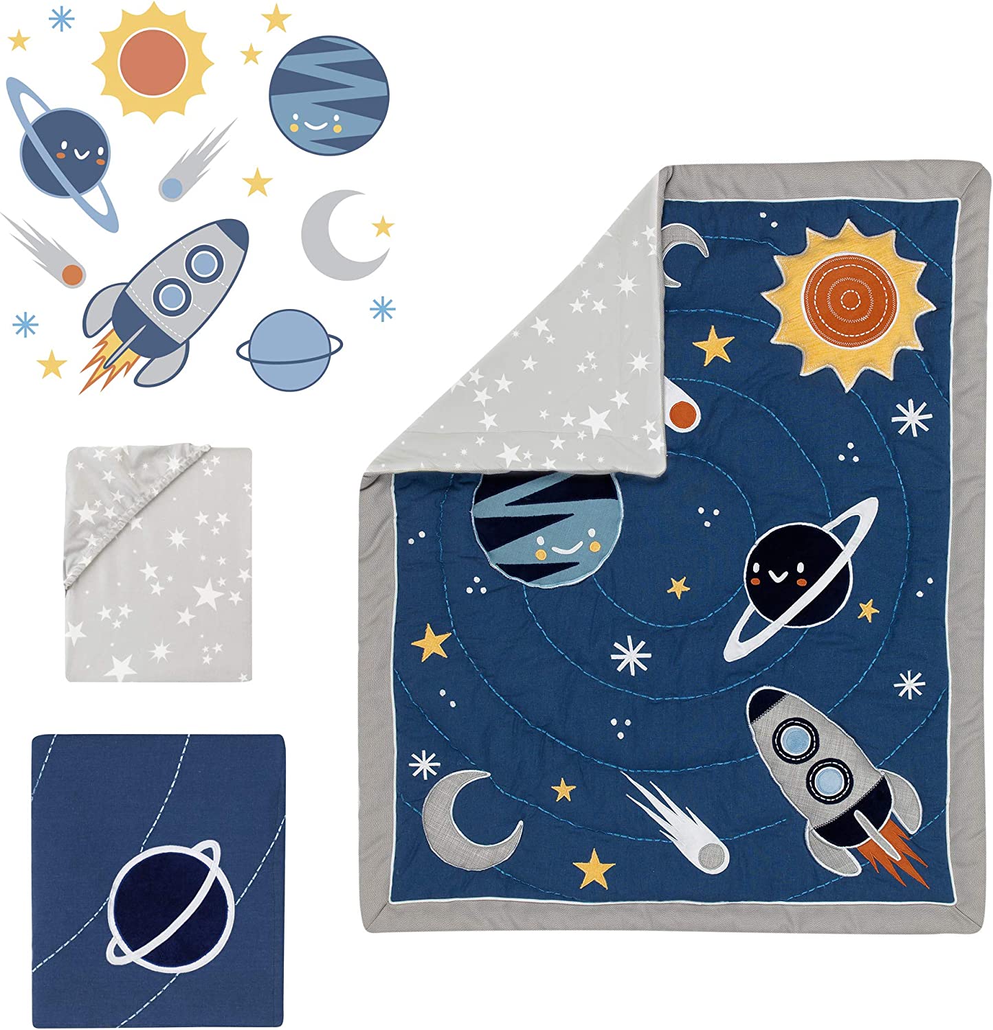 Lambs & Ivy Milky Way Space Galaxy 4-Piece Baby Nursery Crib Bedding Set - Blue/Gray - Image 2